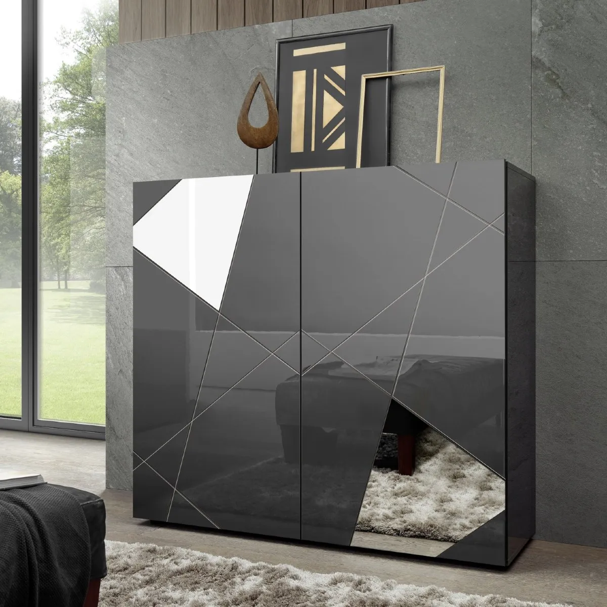 Buffet haut moderne 2 portes laqué gris ANTONIA