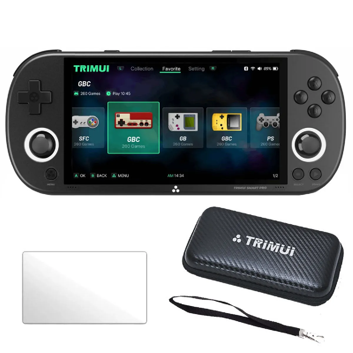 TRIMUI  Smart Pro 4,96"" IPS Linux 64 Go avec &eacute;tui de transport et verre tremp&eacute; - Noir
