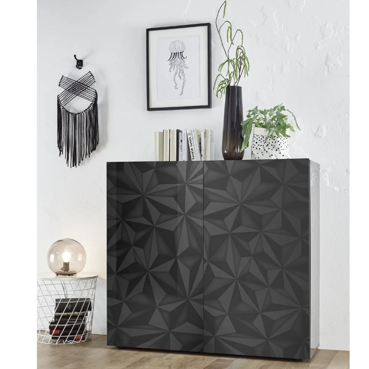 Buffet haut moderne laqué gris 2 portes 120cm CAPRI