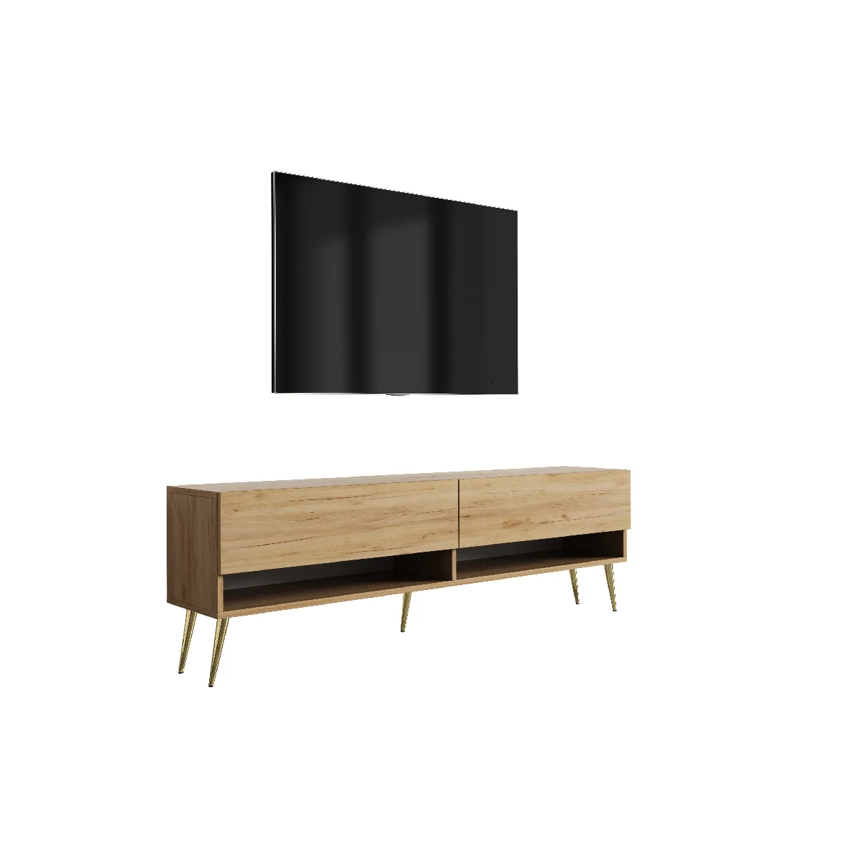Meuble TV : Chêne Craft, pieds obliques dorés, 170 × 32 × 52 cm