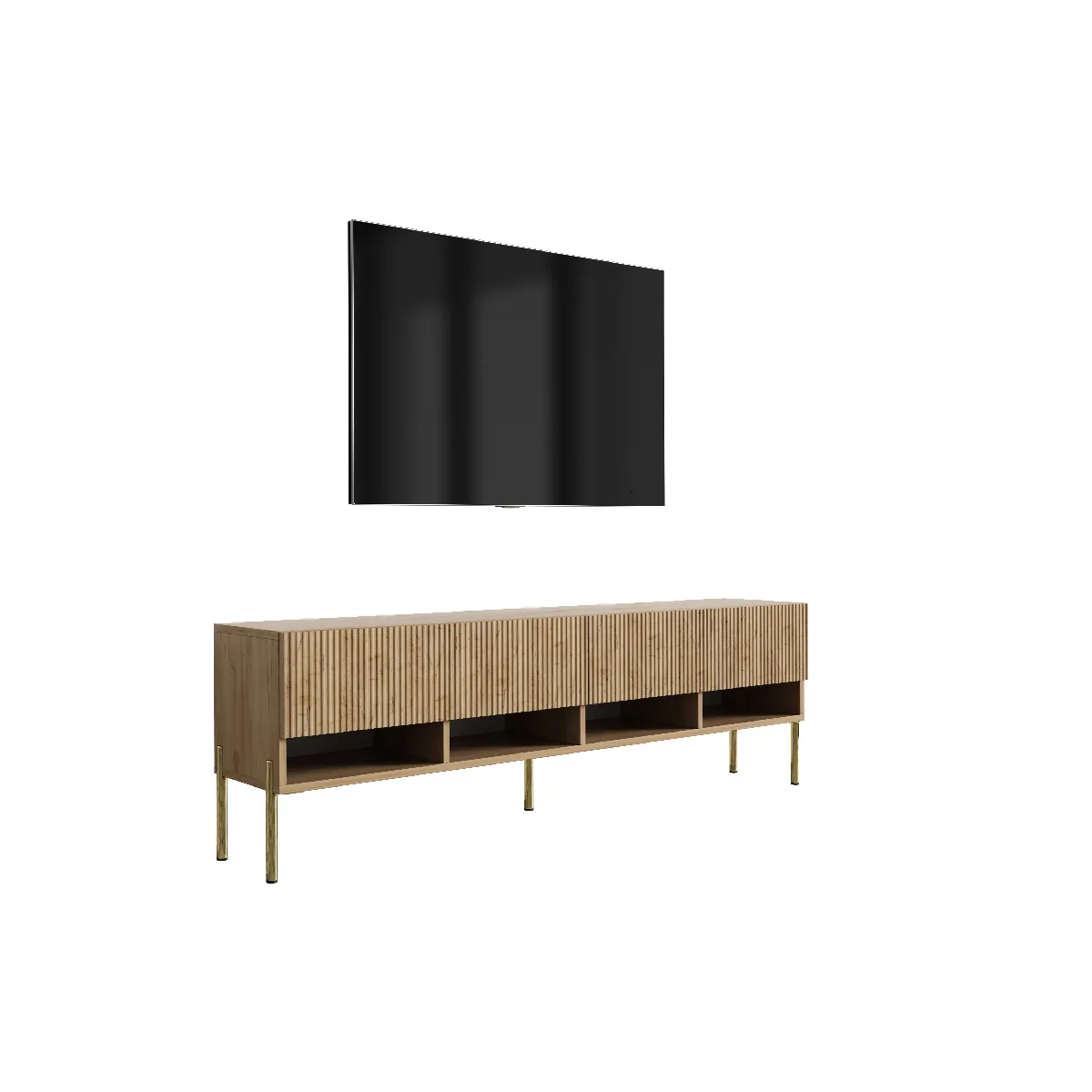 Meuble TV avec façades rainurées, chêne Craft, pieds droits dorés, 170 × 32 × 52 cm