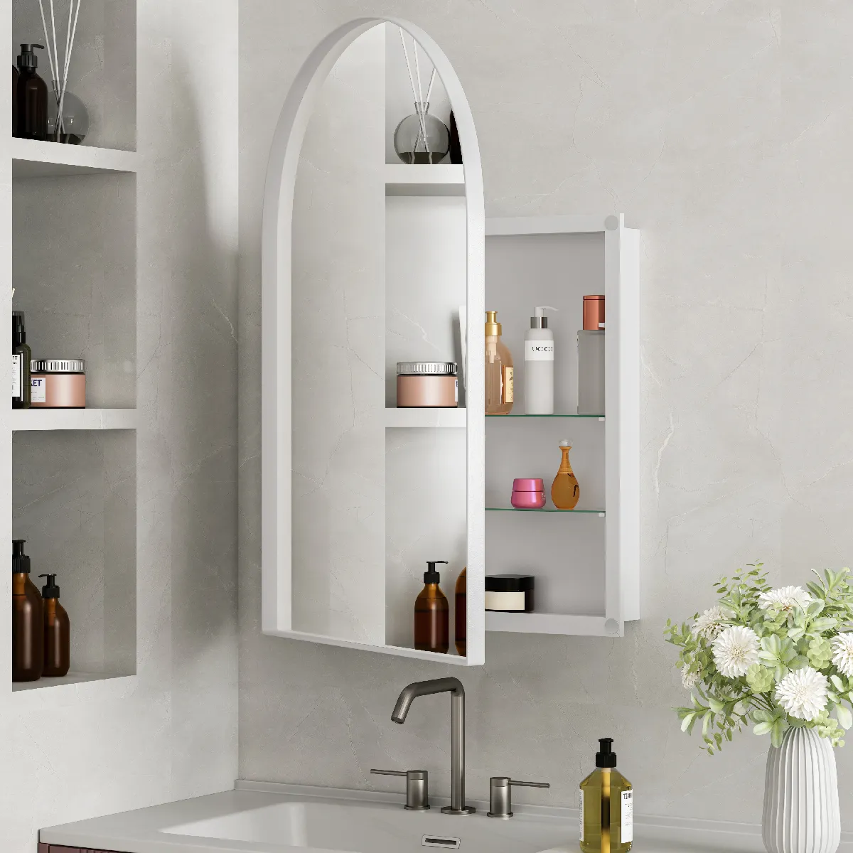 BYTELIKE Armoire de toilette en forme d'arche Blanc, avec casier de rangement, &agrave; fixation murale