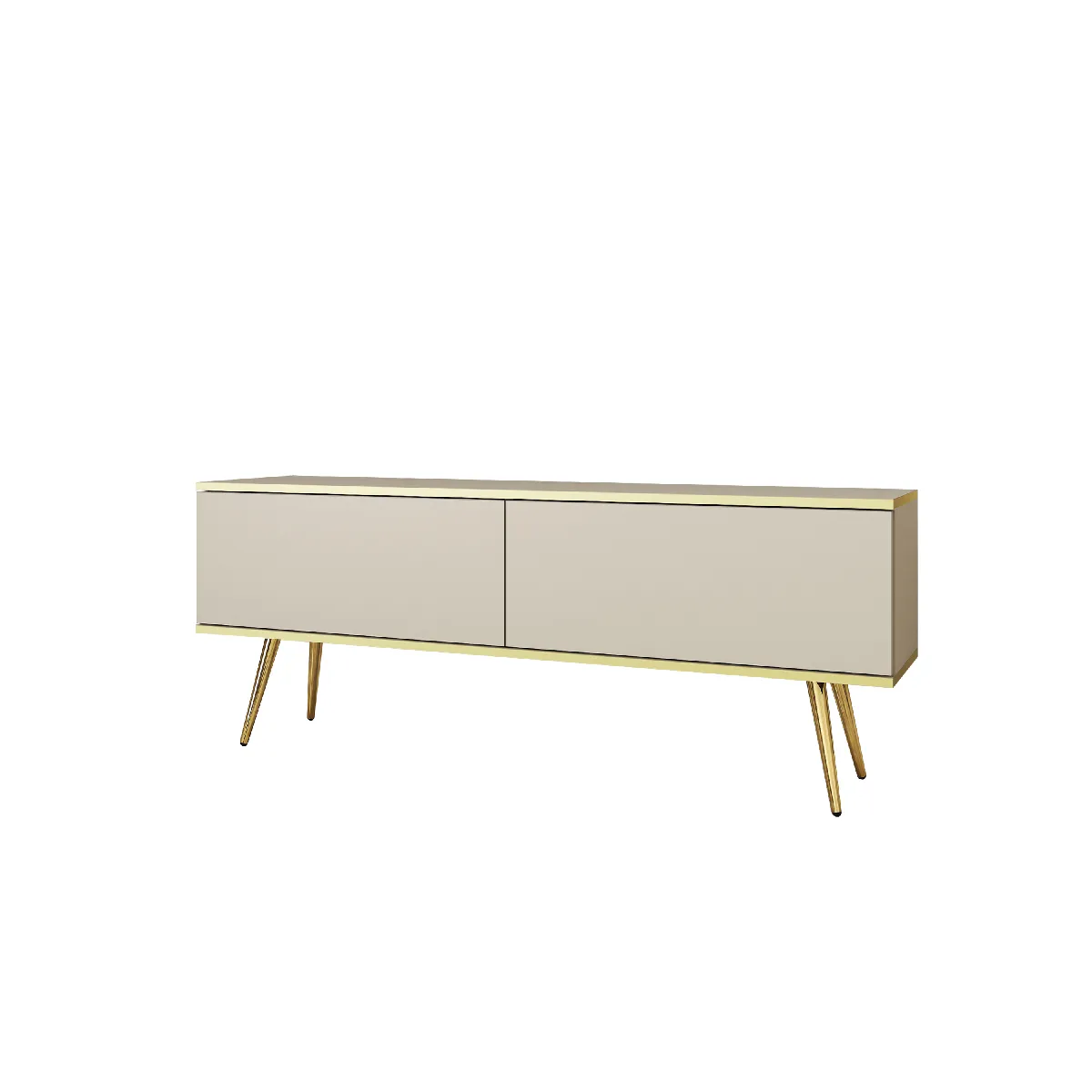 Meuble TV, Beige, pieds Or, 135 x 30 x 52 cm, Push to Open
