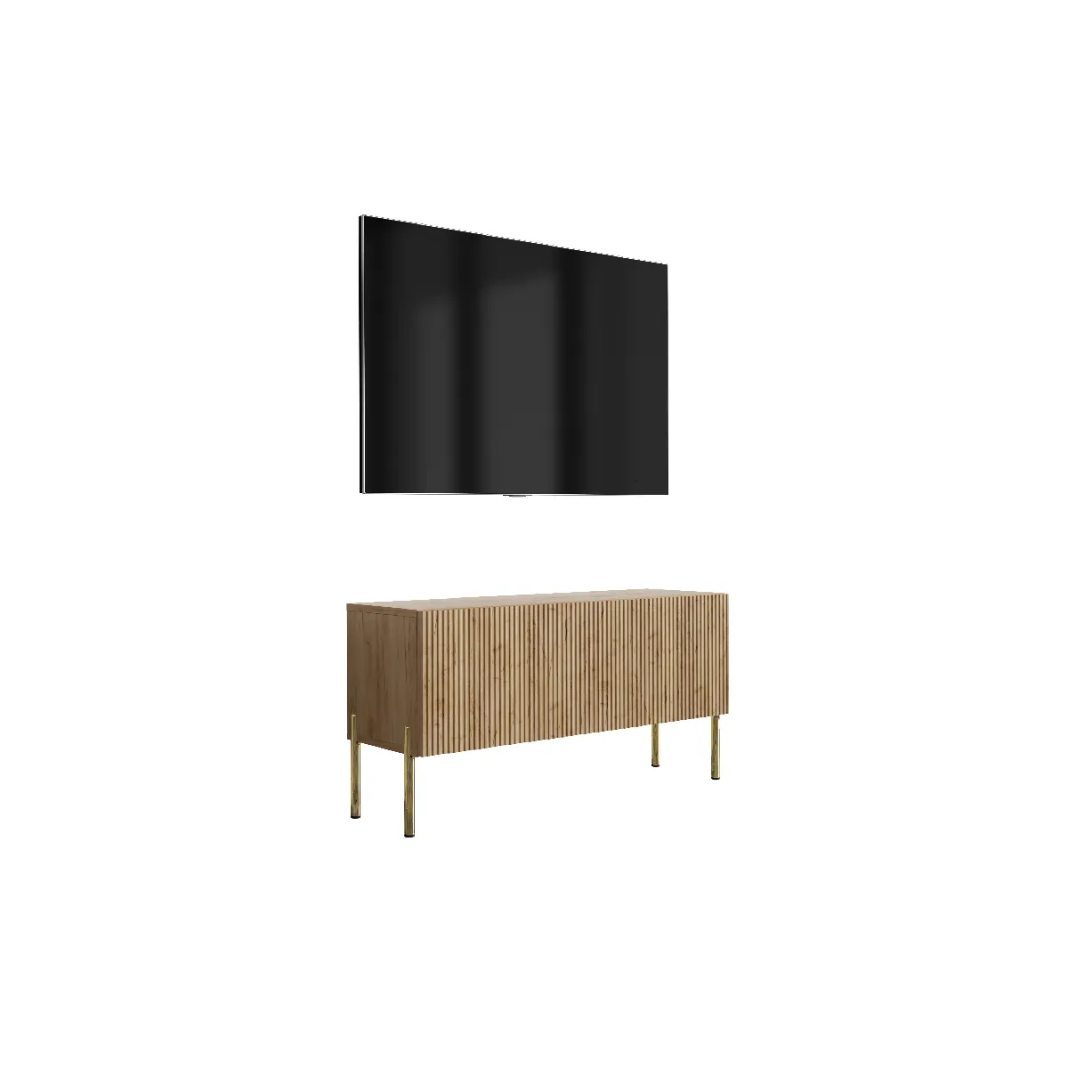 Meuble TV avec façade rainurée, chêne Craft, pieds droits dorés, 100 × 32 × 52 cm