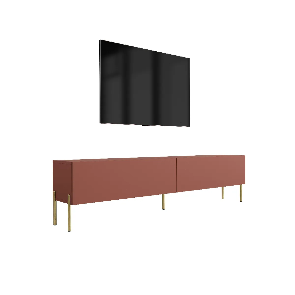 Meuble TV : Rouge Brique, 170 x 52 x 32 cm, pieds dorées