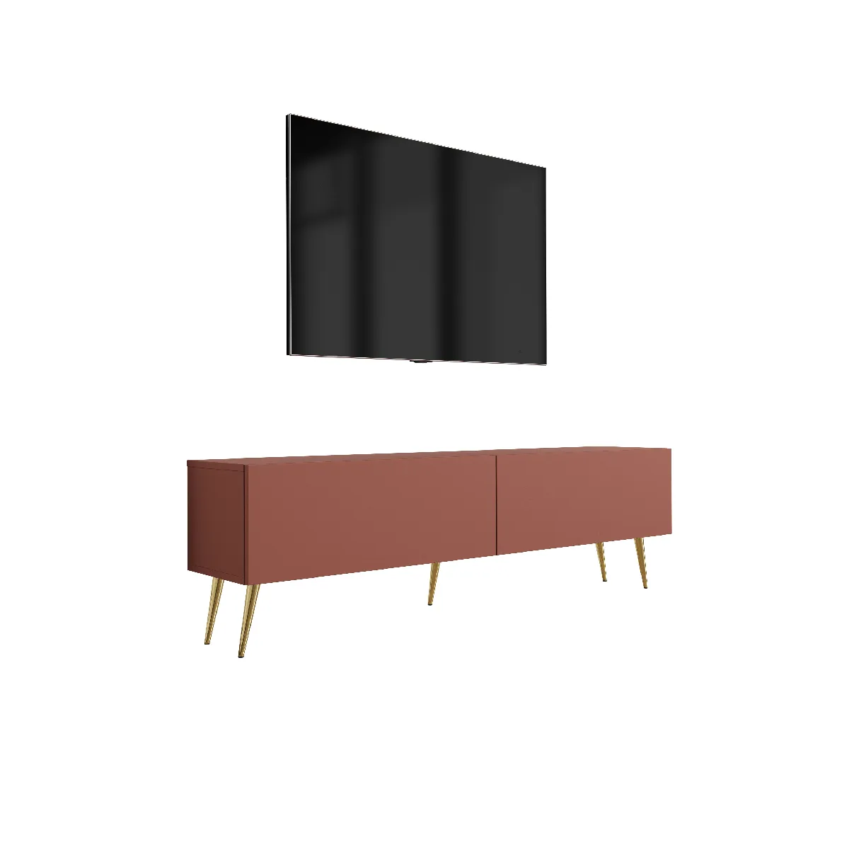 Meuble TV : Rouge Brique, 140 x 52 x 32 cm, pieds dorées