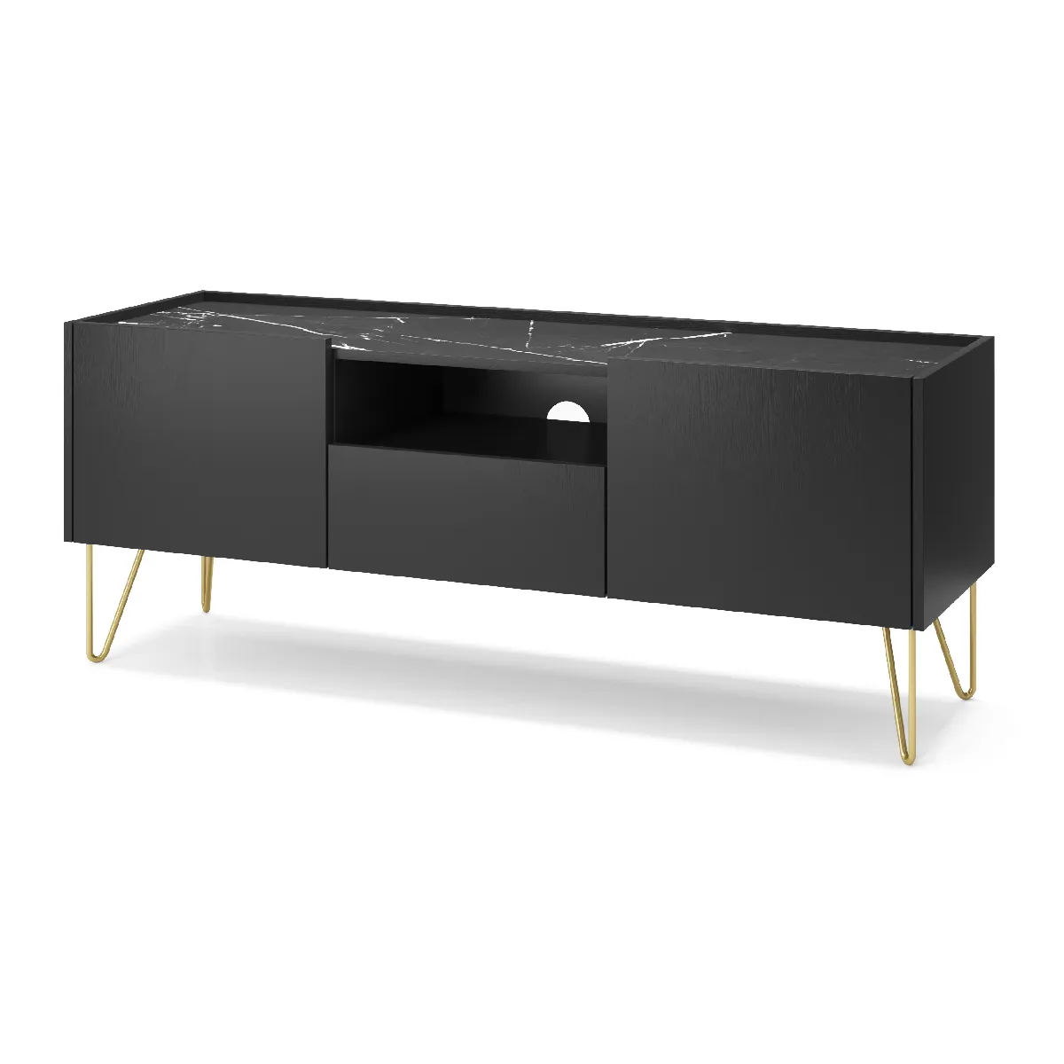 Meuble TV : Noir graphite / marbre noir, 144 x 55 x 37 cm