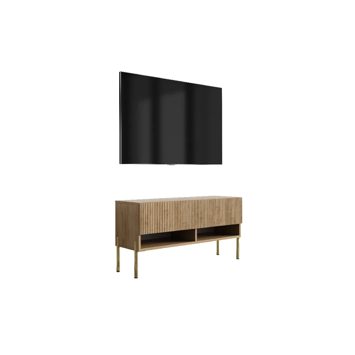 Meuble TV avec façade rainurée, chêne Craft, pieds droits dorés, 100 × 32 × 52 cm