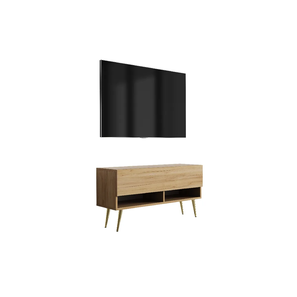 Meuble TV : Chêne Craft, pieds obliques dorés, 100 × 32 × 52 cm