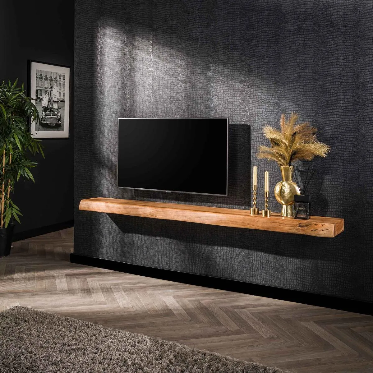 Étagère murale en bois d'acacia massif 200cm TRONCIA