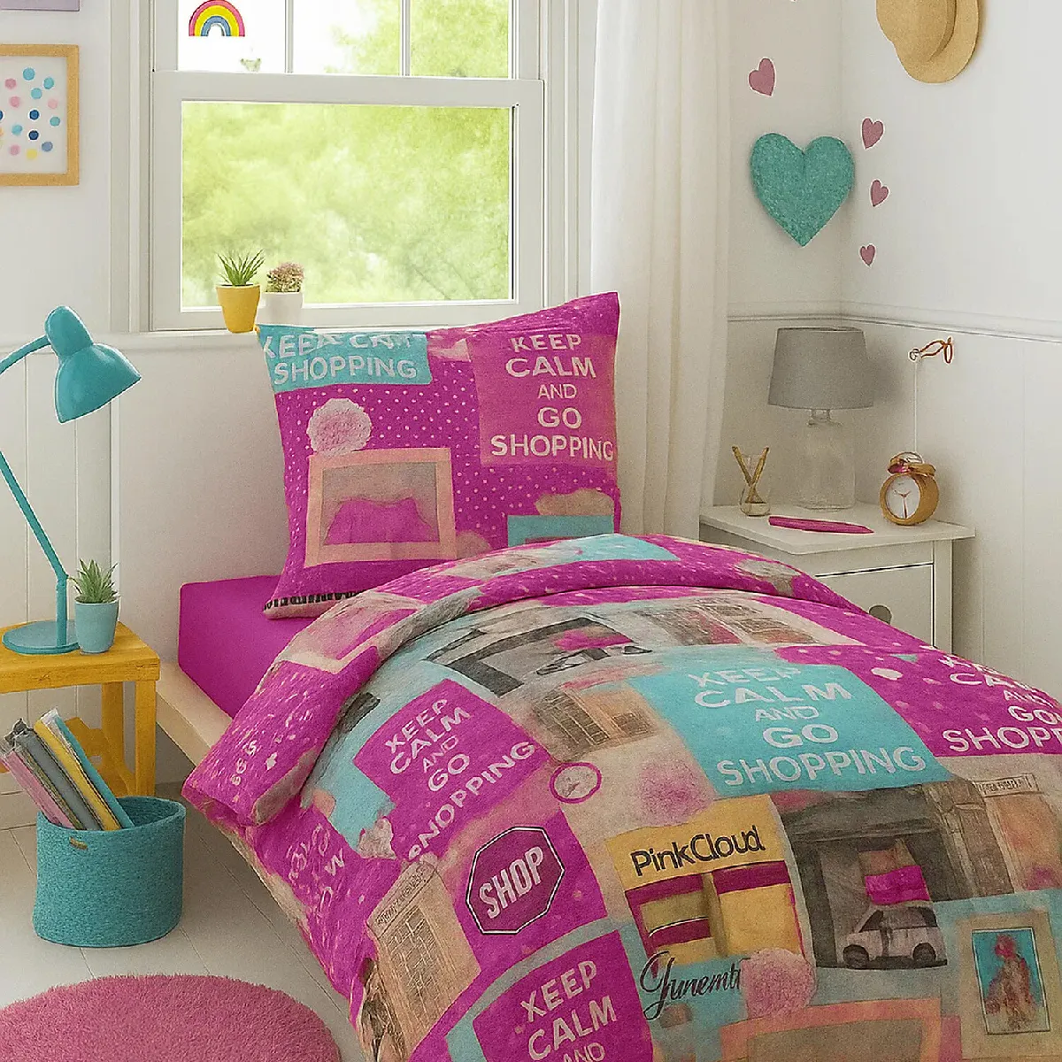 HOME COLLECTION Parure housse de couette 140x200cm 100%coton happy dessin pink shopping