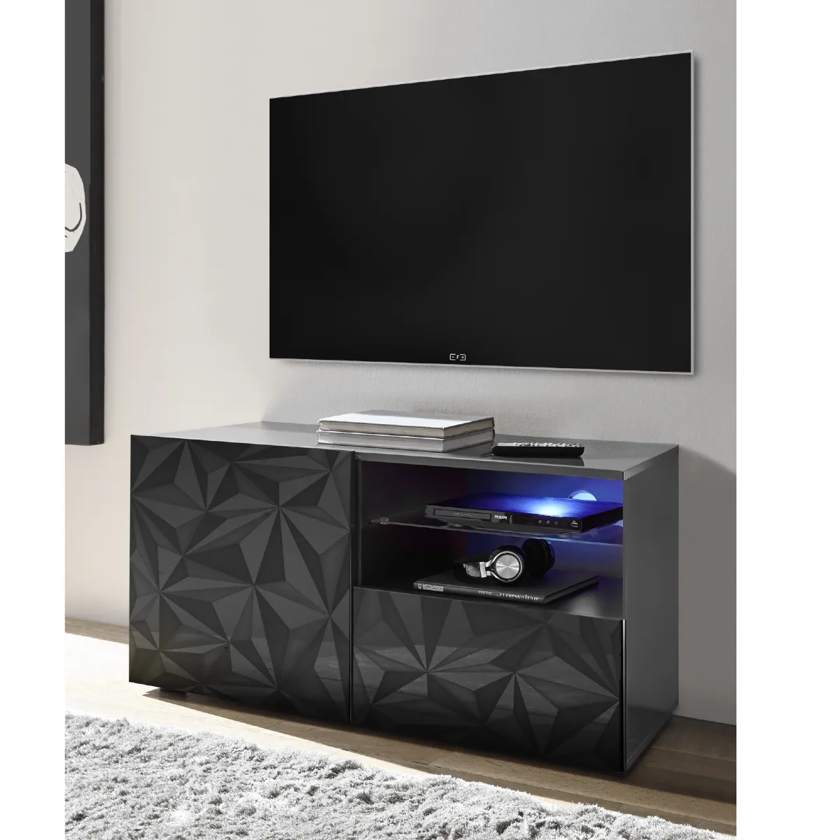 Meuble tv moderne laqué 120cm avec LED CAPRI - vue 2