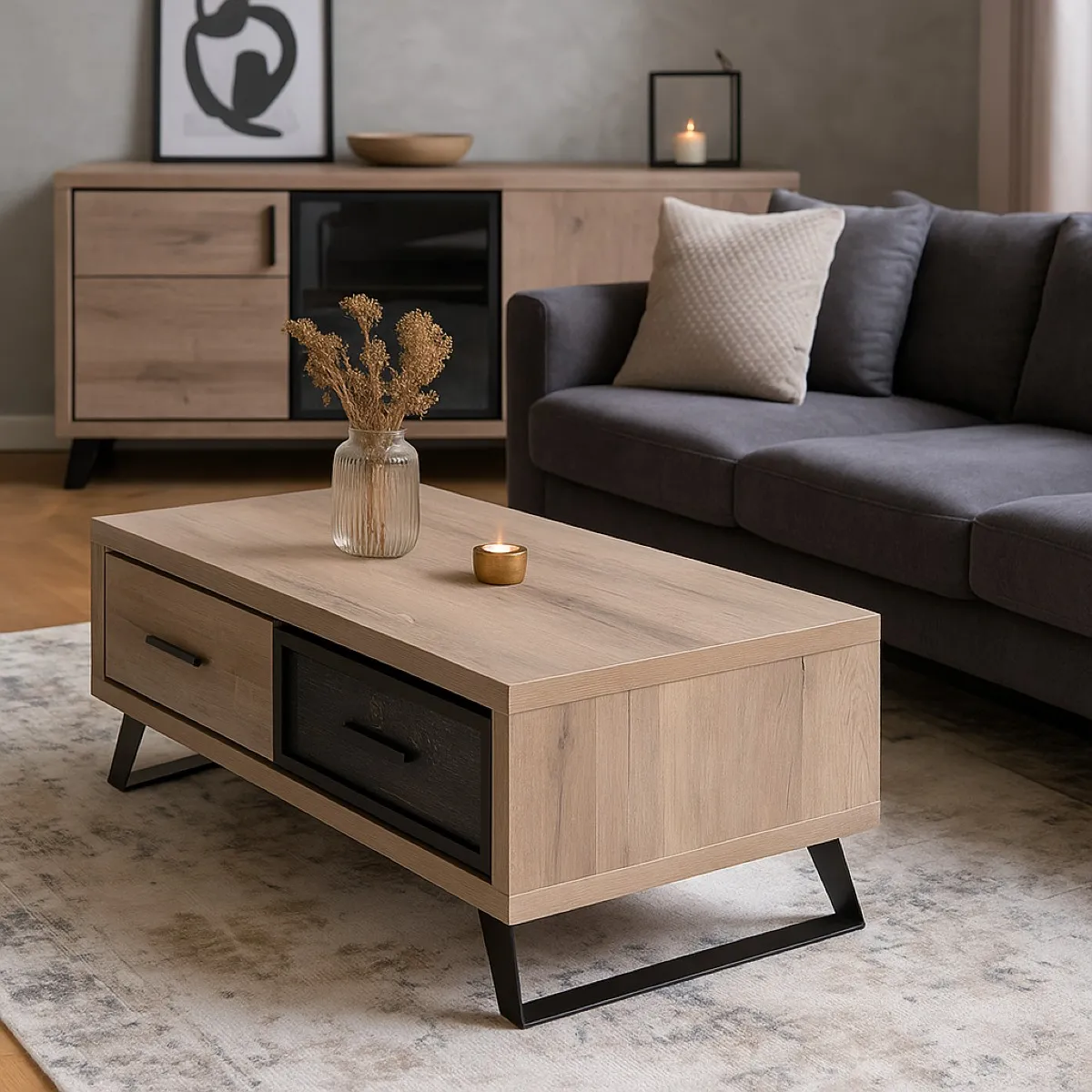 Meilleurs prix pour Table basse contemporaine 2 tiroirs décor chêne PERO