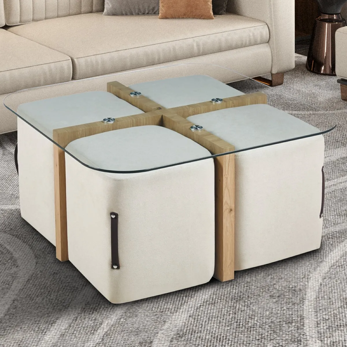 Comparer les prix de Table basse en bois et en verre avec poufs NASH