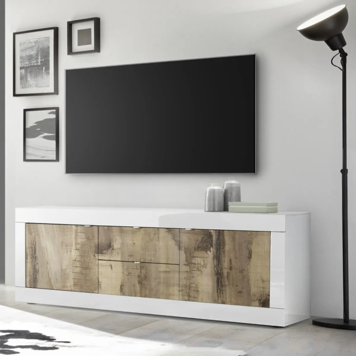 Meuble TV 2 portes 2 tiroirs et bois 210cm CALIA - vue 2