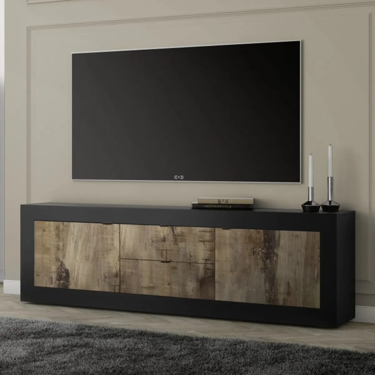 Meuble TV 2 portes 2 tiroirs et bois 210cm CALIA