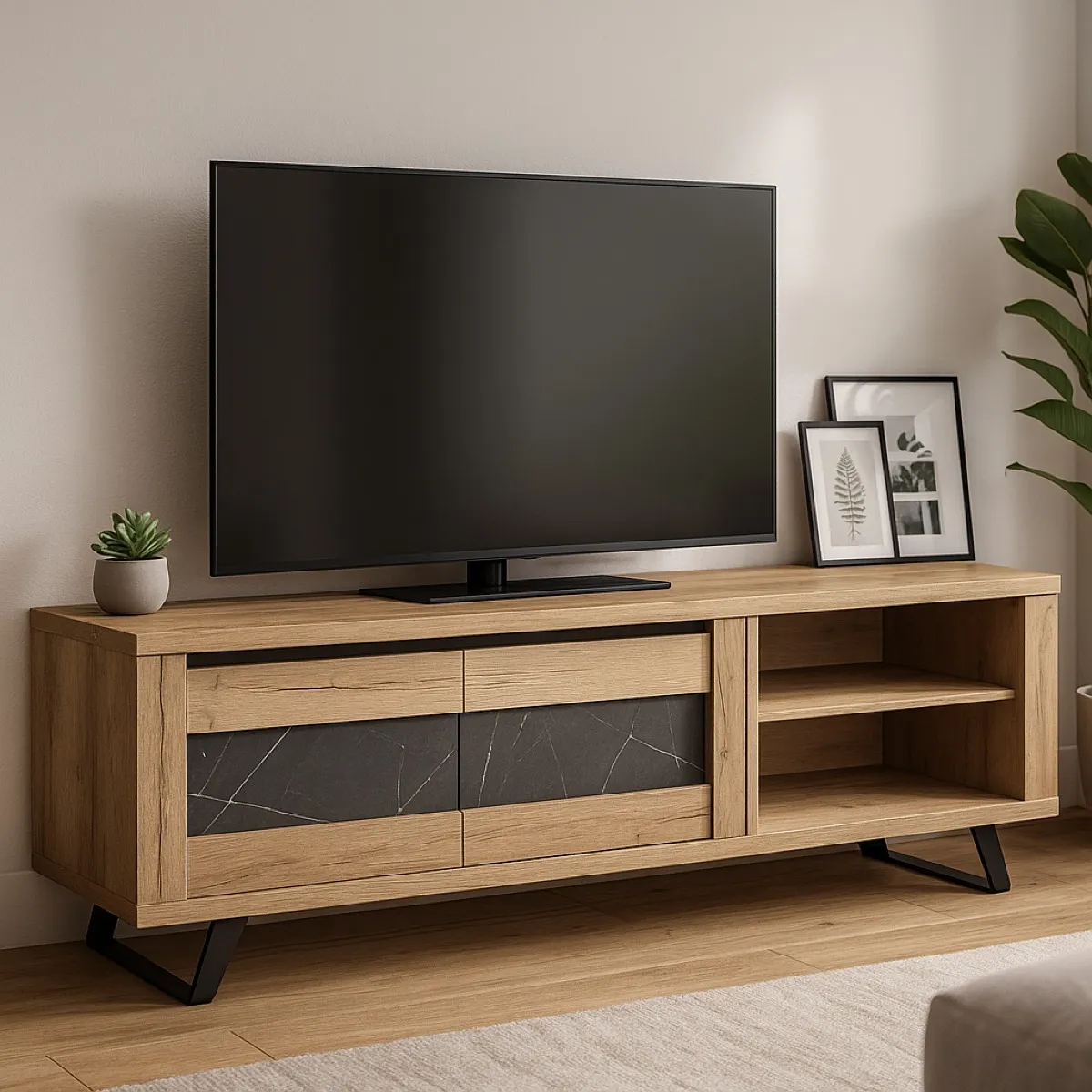 Meuble TV contemporain bois et porte céramique 180cm HORACE