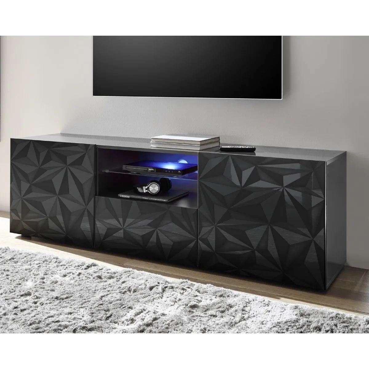 Meuble tv moderne laqué 180cm avec LED CAPRI - vue 2