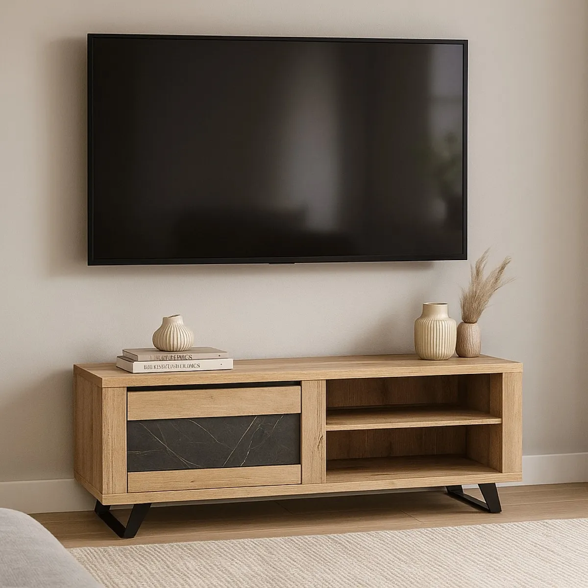 Meuble TV contemporain bois et porte céramique 150cm HORACE