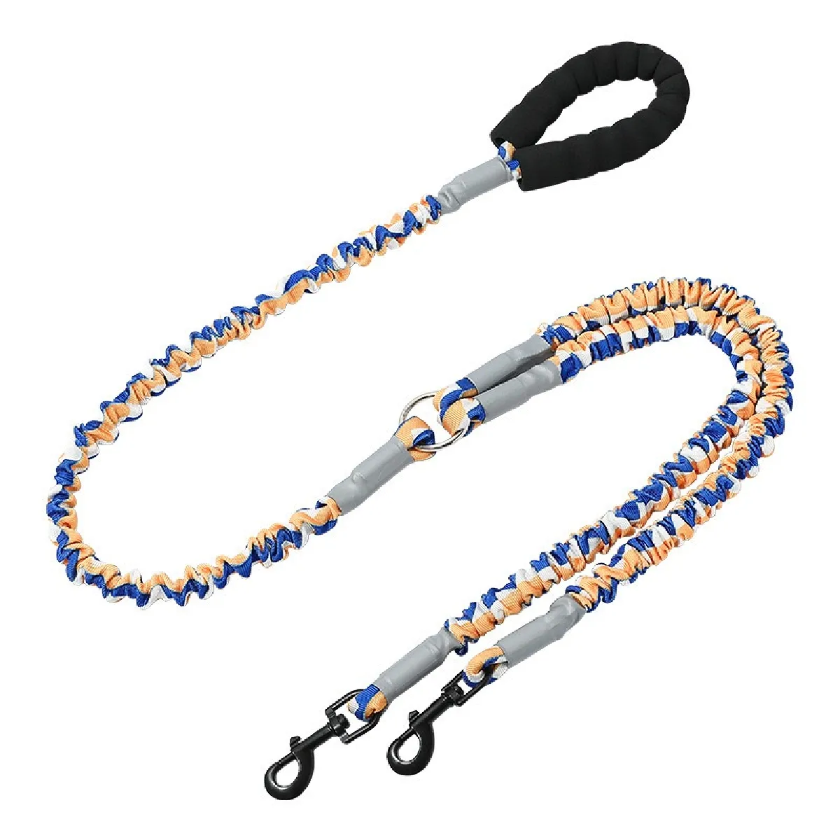 Laisse Double pour Chien, Anti-Nœuds avec Poignée Confortable en Mousse Blue+Orange