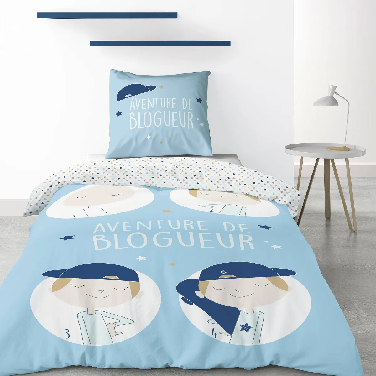 LES ATELIERS DU LINGE My Home Collection Parure housse de couette Blogueur bleue 140x200 cm