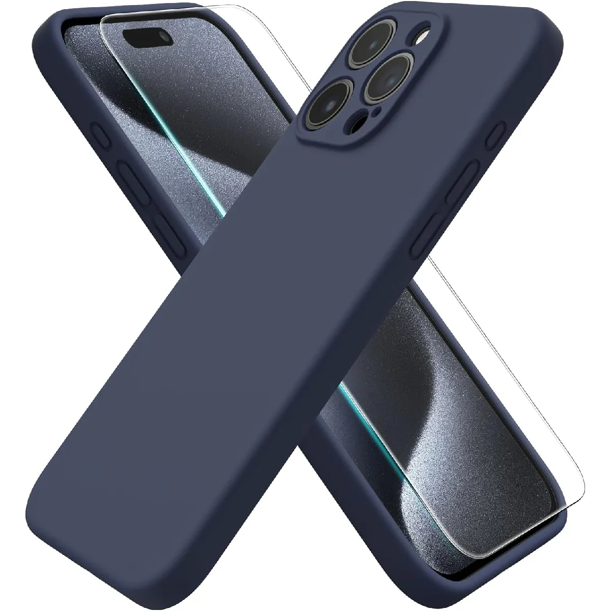 Little Boutik Bleu Coque Silicone Avec Verre Trempé Apple Iphone 15 Pro - Marine