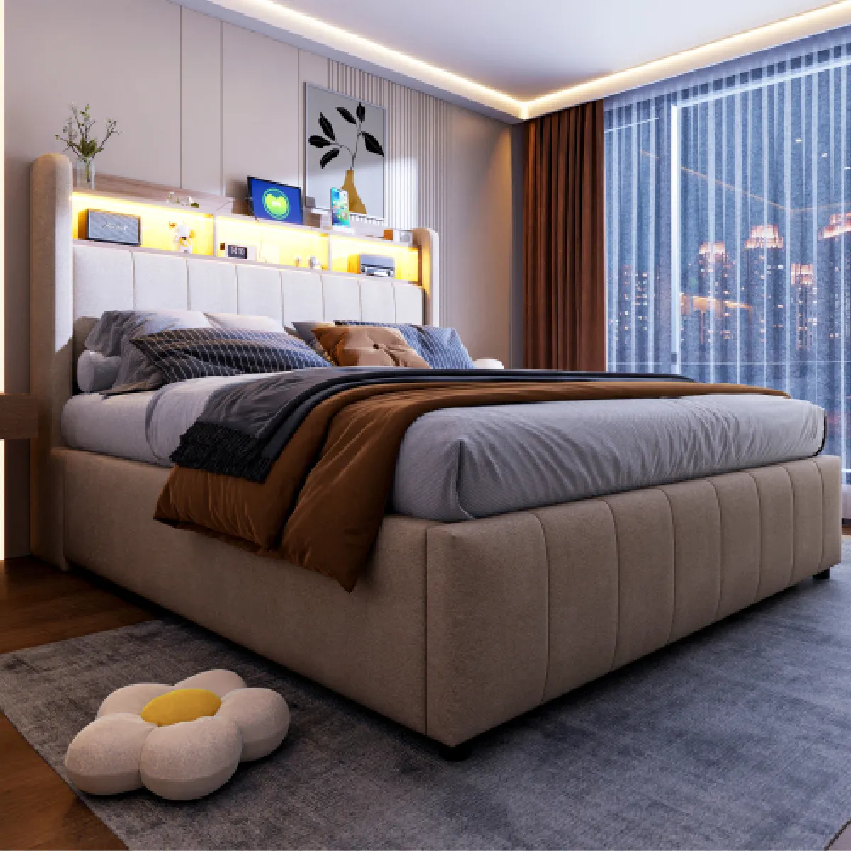 Lit Double 140x200 Avec Rangement Et Lumières LED - Sommier Lattes, Tête De Lit Rembourrée Beige Lin - Adulte/ado