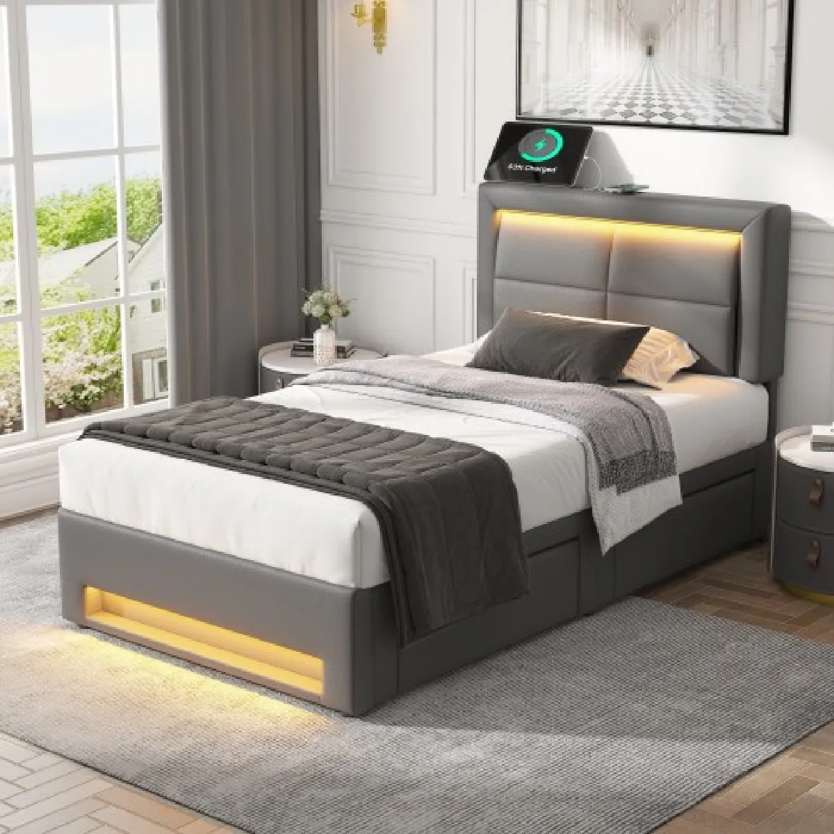Lit enfant 90x200 cm avec LED et 4 tiroirs, en similicuir, gris