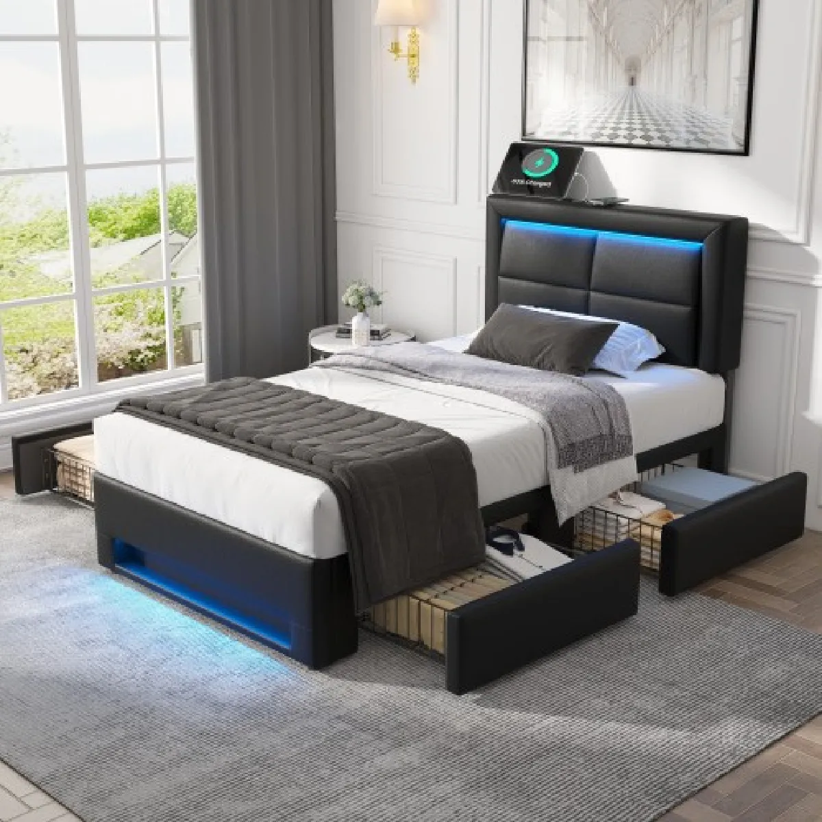 Lit enfant 90x200 cm avec LED et 4 tiroirs, en similicuir, noir
