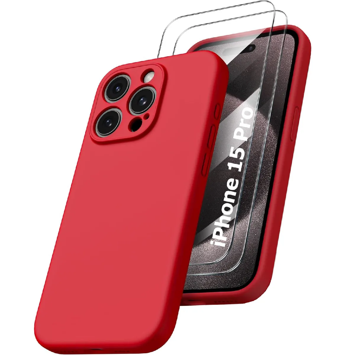 Little Boutik Rouge Coque En Silicone Avec 2 Verres Trempés Apple Iphone 15 Pro
