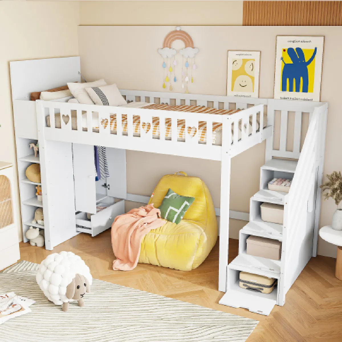 Lit mezzanine 90x200 cm avec armoire, en pin, blanc