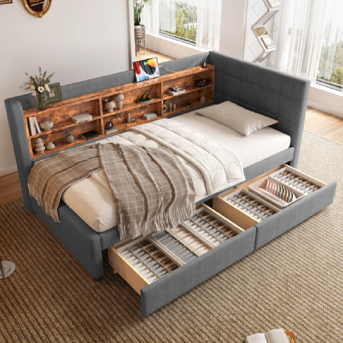 lit enfant 90x200 cm avec 2 tiroirs en lin - vue 4