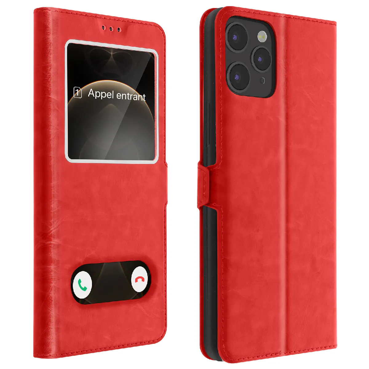 Avizar Rouge Housse Pour Iphone 12 / 12 Pro Étui Intégral Double Fenêtre Support Vidéo
