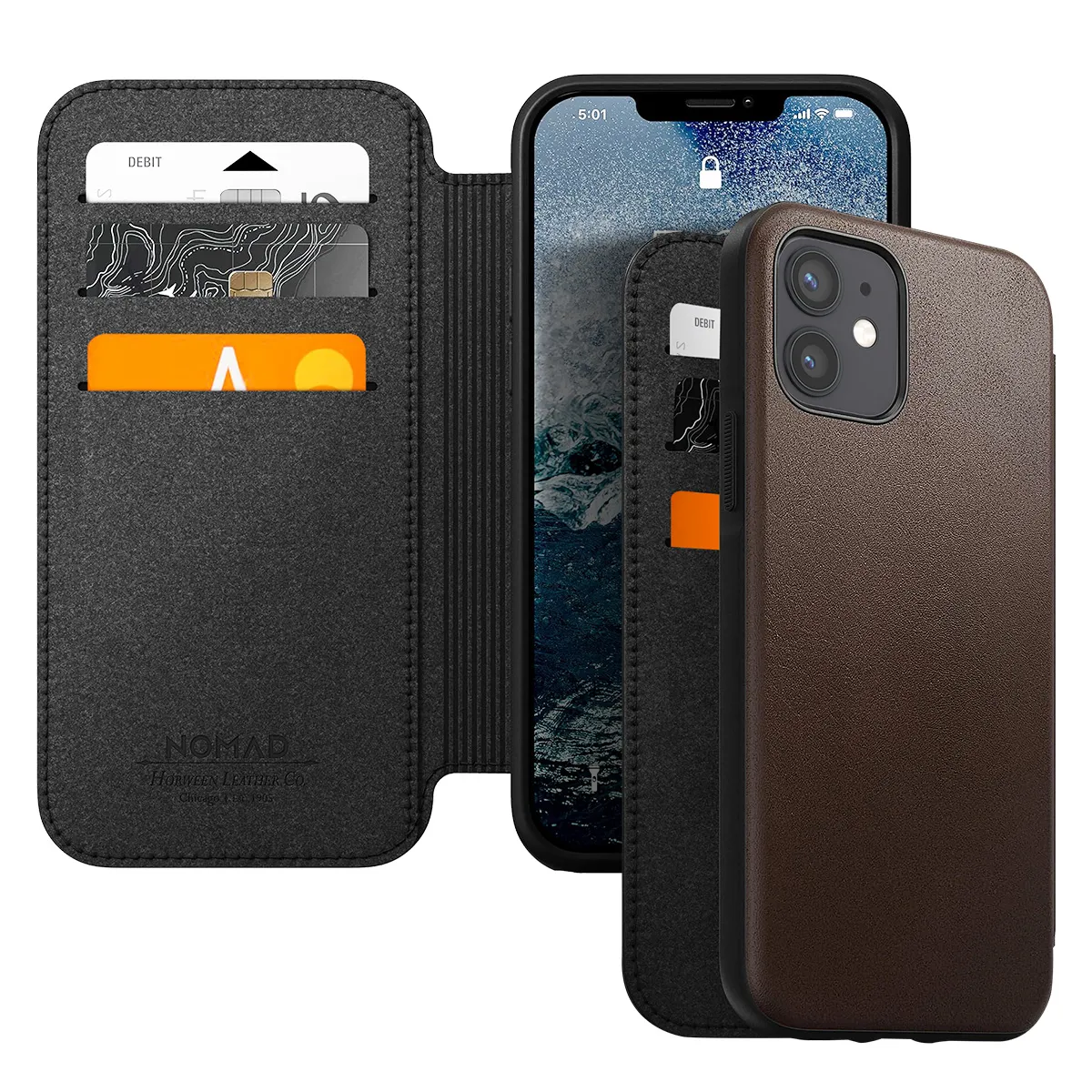 NOMAD  &Eacute;tui Folio pour iPhone 12 Mini Rugged Magsafe avec Porte-cartes en Cuir Marron