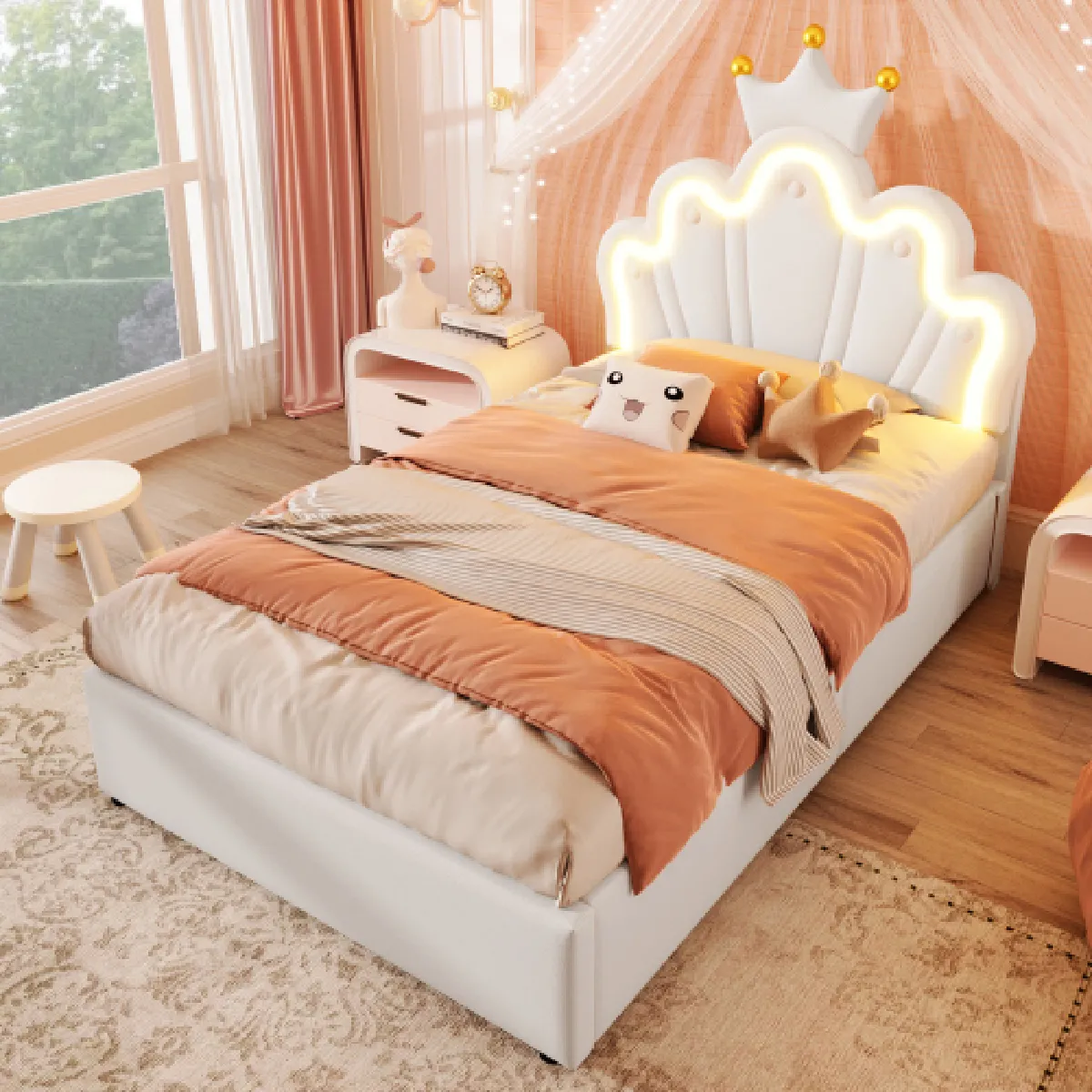 Lit Simple 90x200 Avec LED Et Tiroir - Tête De Lit Couronne Rembourrée - Pour Fille, Ado, Chambre Princesse