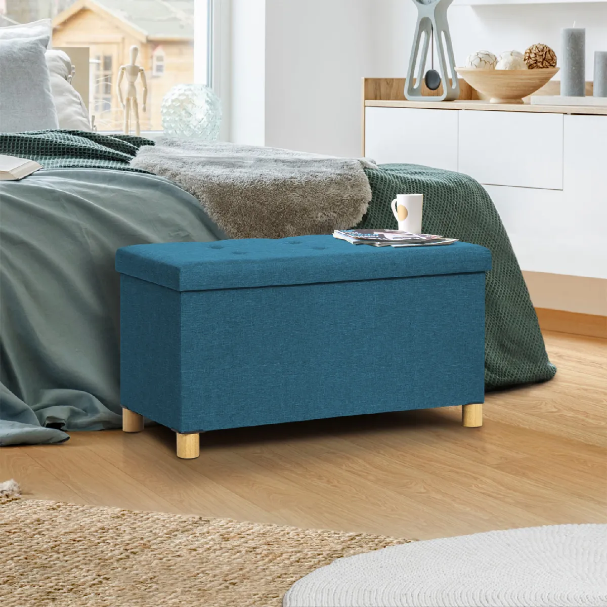 Banc coffre rangement sur pieds 76 cm tissu bleu canard