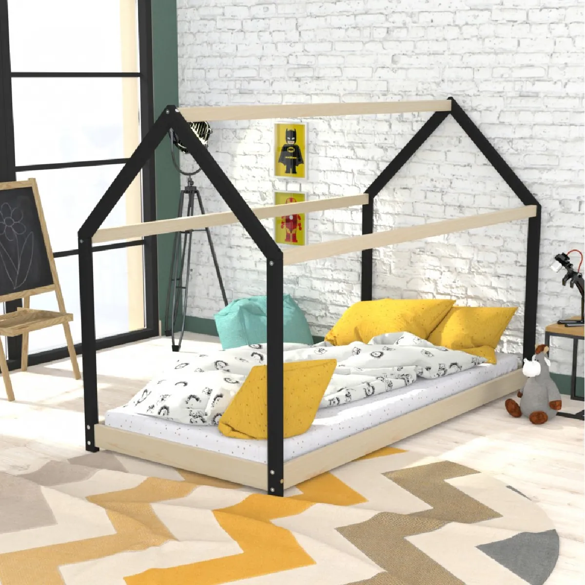 Lit cabane PANDA 90x190 + 1 sommier + matelas IRIS / Bois clair et Noir