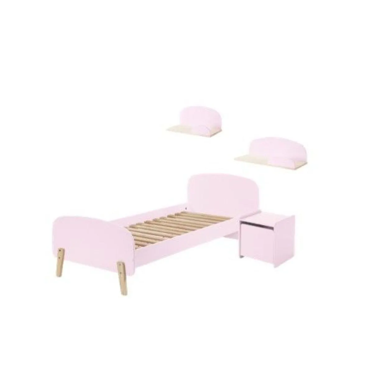 Vipack KIDDY Lit en bois laqué et brut et sommier + Chevet 1 porte + Etagère 45 cm + Etagère 65cm