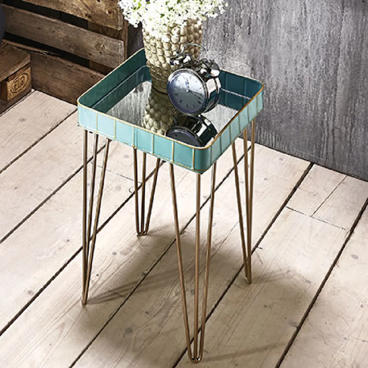 Mes Turquoise Table D'appoint Carrée 35X56 Cm En Métal Et Doré