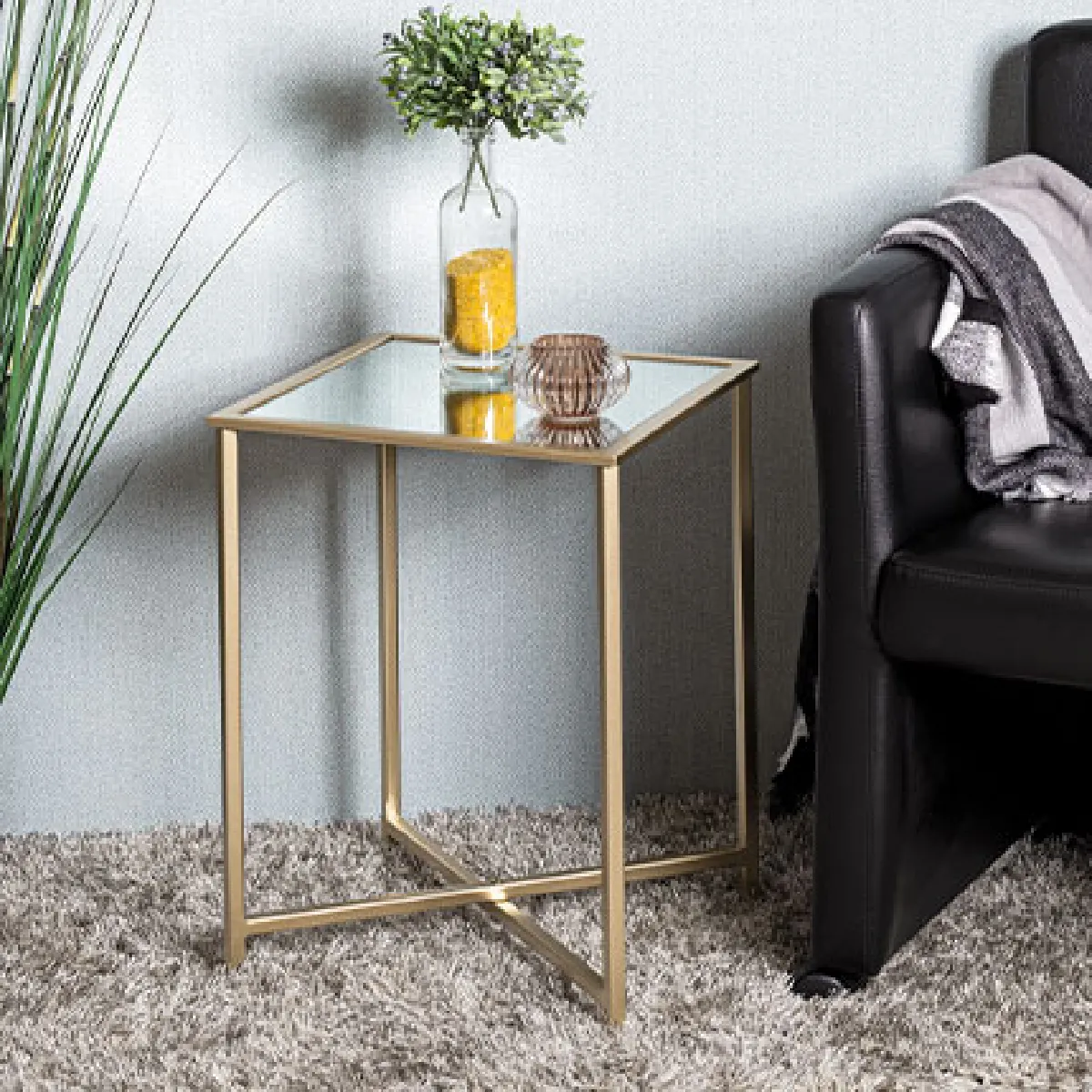 Mes Table D'appoint Carrée 39X53 Cm En Verre Et Métal Doré