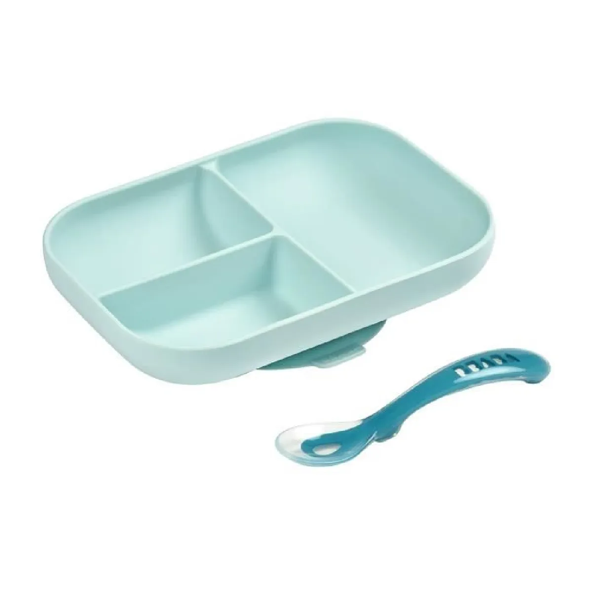Beaba Bleu Set Repas Silicone - Assiette Compartimentée Et Cuillère 2Ème Âge - Image 3