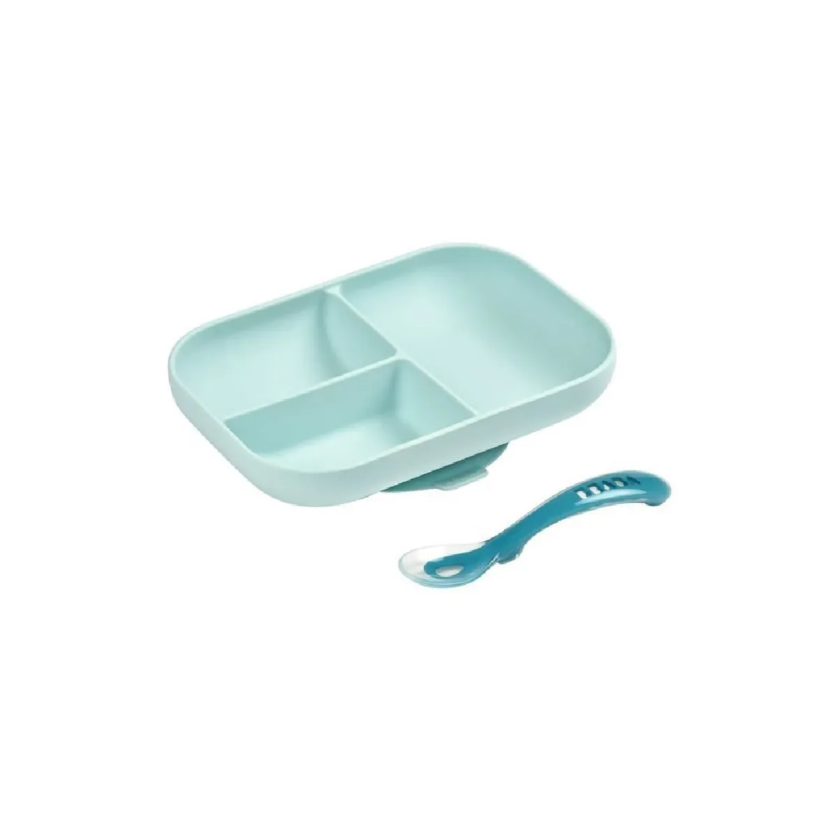 Set repas 3 compartiments silicone bleu avec cuillère 2e âge