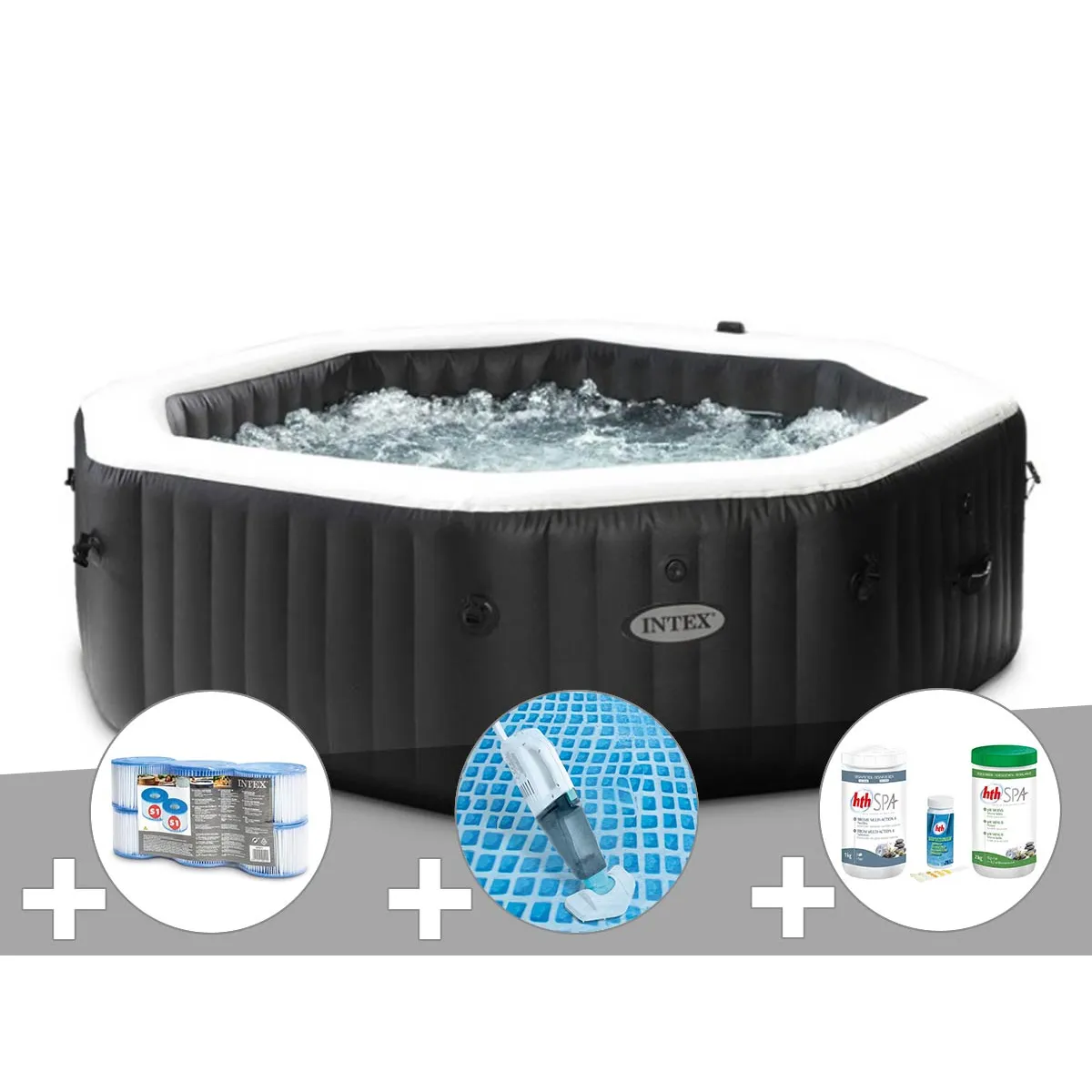 Intex Kit spa gonflable PureSpa Carbone octogonal Bulles et Jets 6 places + 12 filtres + Kit traitement brome + Aspirateur