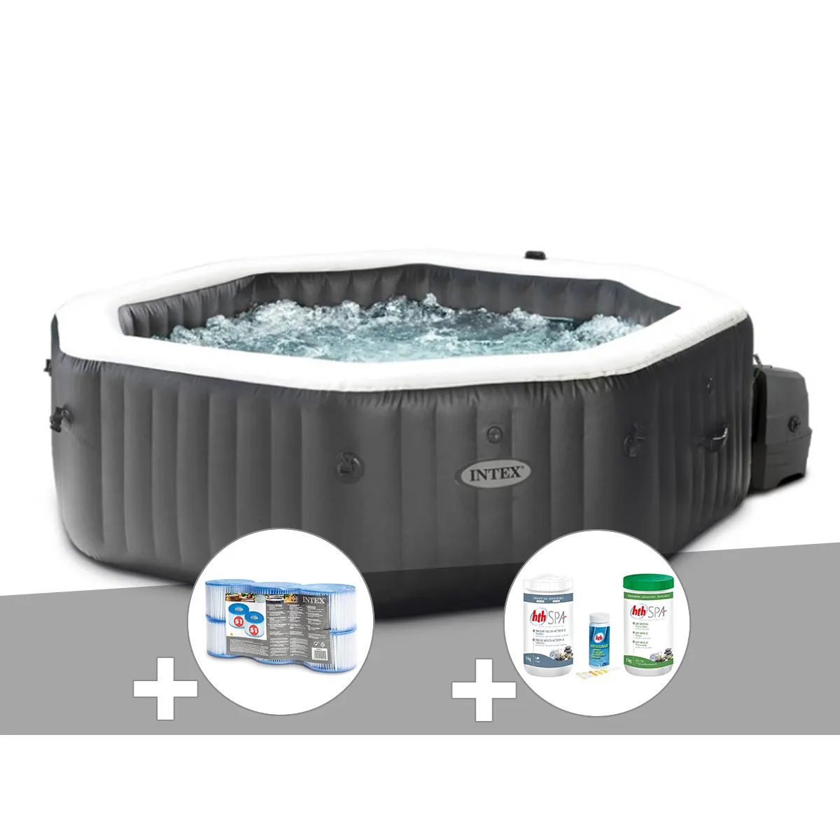 Intex Kit spa gonflable PureSpa Carbone octogonal Bulles et Jets 4 places + 12 filtres + Kit traitement brome