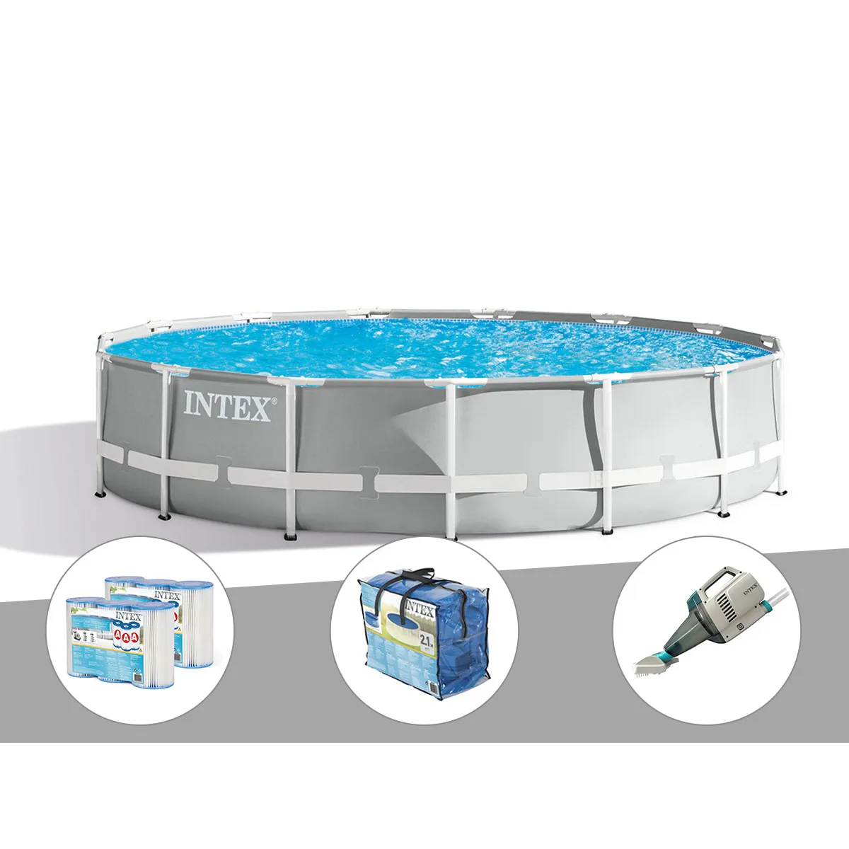 Intex Kit piscine tubulaire Prism Frame ronde 457 x 107 m + Bâche à bulles + 6 cartouches de filtration + Aspirateur