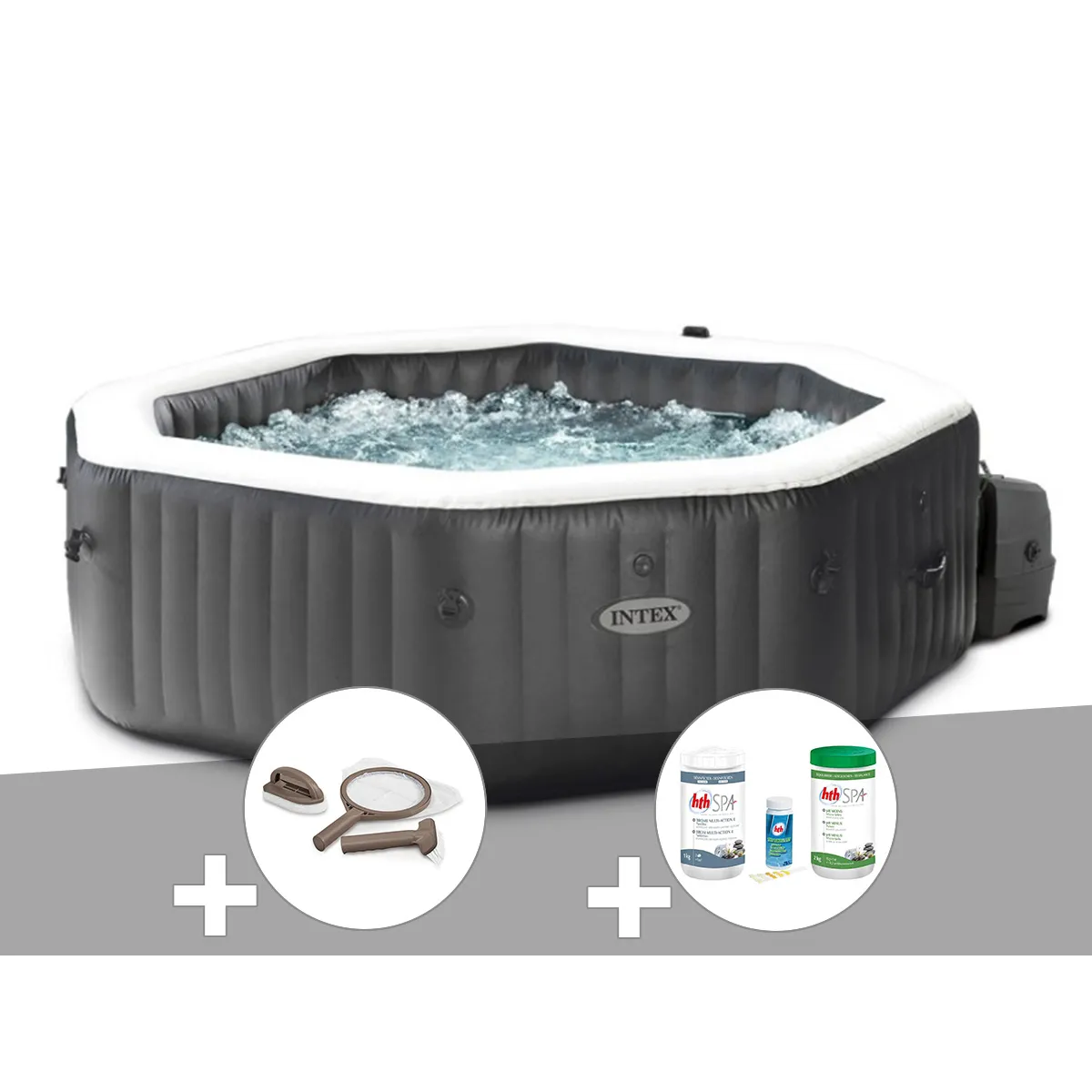 Intex Kit spa gonflable PureSpa Carbone octogonal Bulles et Jets 4 places + Kit traitement brome + Kit d'entretien