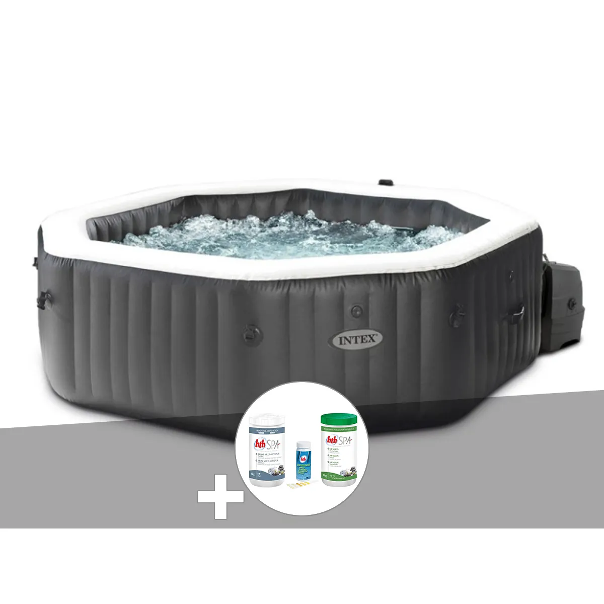 Intex Kit spa gonflable PureSpa Carbone octogonal Bulles et Jets 4 places + Kit traitement brome