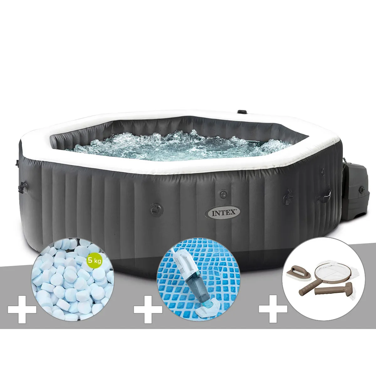 Intex Kit spa gonflable PureSpa Carbone octogonal Bulles et Jets 4 places + 5 kg de sel + Aspirateur + Kit dentretien
