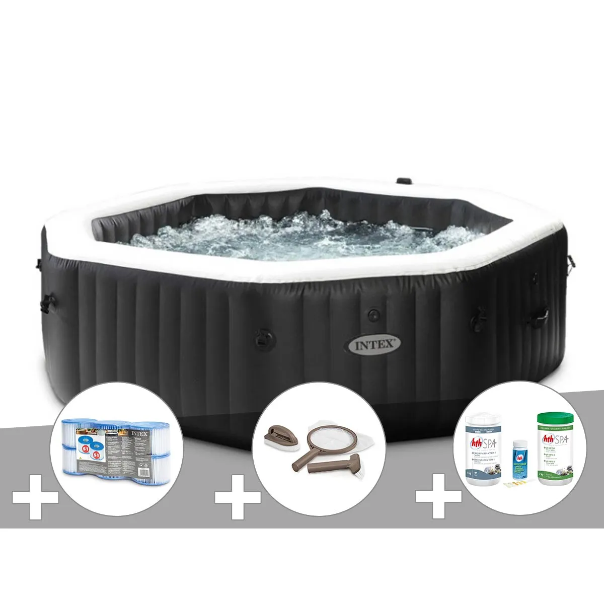 Intex Kit spa gonflable PureSpa Carbone octogonal Bulles et Jets 6 places + 12 filtres + Kit traitement brome + Kit dentretien