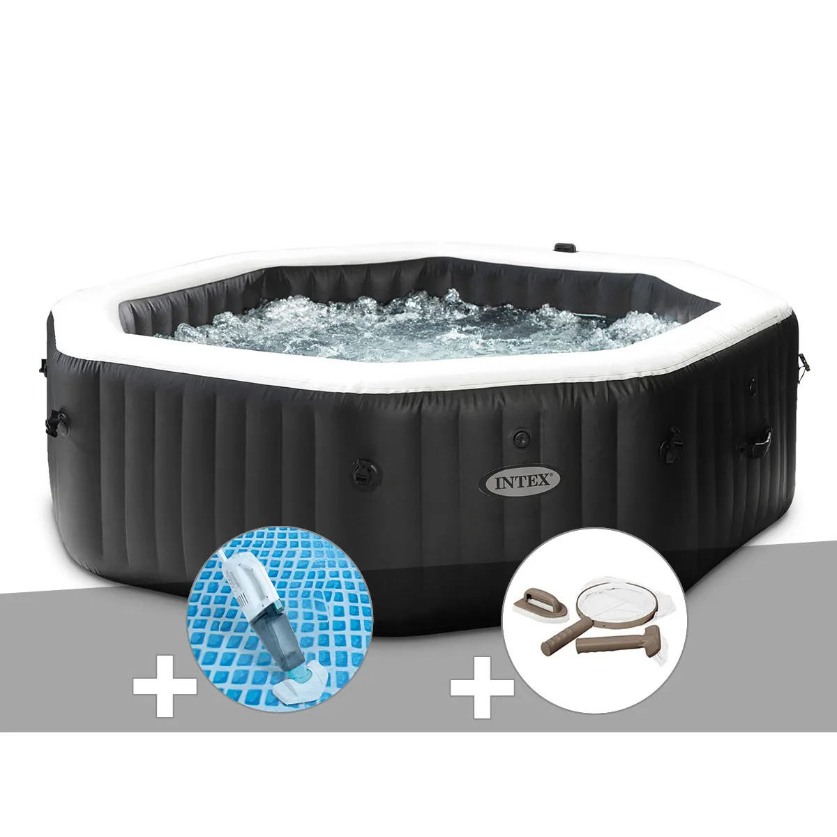 Intex Kit spa gonflable PureSpa Carbone octogonal Bulles et Jets 6 places + Aspirateur + Kit dentretien